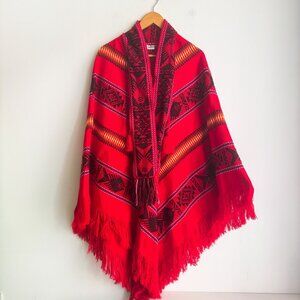 Vintage 100% Wool Ethnic Red Boho Cape Poncho OS